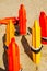 Close up of a rescue buoys in the sand of a beach in the Medite