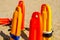 Close up of a rescue buoys in the sand of a beach in the Medite