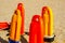 Close up of a rescue buoys in the sand of a beach in the Medite