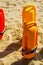 Close up of a rescue buoys in the sand of a beach in the Medite