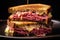 A close-up of a Reuben sandwich stacked on top of each other on a plate, created by Generative AI