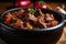 close-up of a rich and hearty goulash with tender chunks of beef, onions, and tomatoes, served in a rustic bowl