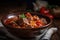 close-up of a rich and hearty goulash with tender chunks of beef, onions, and tomatoes, served in a rustic bowl