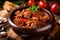 close-up of a rich and hearty goulash with tender chunks of beef, onions, and tomatoes, served in a rustic bowl