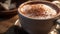 A close-up of a rich, velvety cup of hot cocoa with a dusting of cocoa powder in