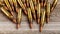 Close up rifle bullets, top view, panning shot, war and armed crime concept