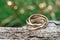 Close-up of a ring with three rings on wooden background