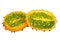 Close-up of a ripe Kiwano or Horned Melon fruit, sliced length-wise, isolated on white