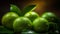 Close-up of ripe limes with green leaves. AI-generated.
