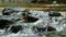 Close up of river flow and splash over stone and pebble in mountains as wonderful springtime scenery