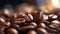 Close up of roasted coffee beans with a warm backlight background