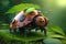 Close up of a robot ladybug sitting on leaves in the outdoor. Generative AI