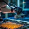 Close-up of a robotic arm in the factory delicately placing silicon wafers onto a production line. high-tech nature of solar cell