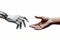 close-up of a robotic hand and a human hand, about to shake hands with a white background representing the evolution of technology