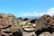 Close up of rocks with sea and mountain background