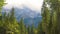 CLOSE UP: Rocky mountain hiding in the clouds towering above the spruce forest.