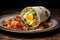 close-up of a rolled breakfast burrito on plate