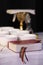 Close up of the Roman Missal book with Catholic mass communion objects in the background