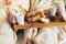 Close-up of romantic healthy breakfast in hotel room