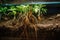 close-up of the roots of a plant growing in aquaponics system, with fish swimming below
