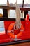 Close up of a rope and lifebuoy on a old wooden ship. Details deck of the saiilboat