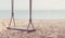 Close-up of Rope wooden swing hanging on tree at topical beach with sunlight