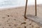 Close-up of Rope wooden swing hanging on tree at topical beach with sunlight