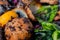 Close up of rotting egg shells, spinach and orange peels in a compost