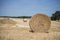 Close-up of a round haystack in the foreground with other ones dispersed in a field in the French countryside