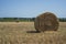 Close-up of a round haystack in the foreground with other ones dispersed in a field in the French countryside with vineyards in th