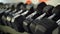 Close-up of rows of black dumbbells in a sports gym.