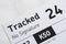A close-up of a Royal Mail Tracked 24, next day package delivery label.