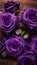 Close-up of royal purple roses on a wooden table illustration Artificial Intelligence artwork generated