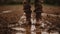 Close up of rubber boots in muddy field. Farmer inspects property after heavy rain and flooding