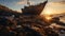 A close-up of a rusted, decaying shipwreck on the shoreline.