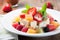 close-up of a rustic ambrosia fruit salad on a white plate