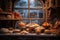 close-up of a rustic bakery window with baked goods