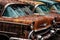 close-up of a rusty cars peeling paint and patina