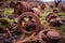 close-up of rusty tractor gears in abandoned field