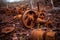 close-up of rusty tractor gears in abandoned field