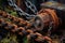 close-up of rusty tractor gears and chains