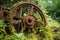 close-up of rusty tractor wheel in overgrown grass