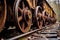 close-up of rusty train wheels off the tracks