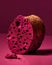 A close up of rutted magenta cork with its pitted and pitted surface. Trendy color of 2023 Viva Magenta.. AI generation