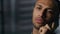 Close-up sad african american man calling cellphone hearing bad news frustrated disappointed stressed guy businessman