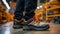 Close-up safety working shoe on a worker feet is standing at the factory, ready for working in danger workplace concept