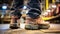 Close-up safety working shoe on a worker feet is standing at the factory, ready for working in danger workplace concept