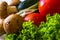 Close-up of salad leaves, tomatoes and fresh cucumbers