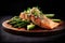 Close up of a salmon with avocado dish isolated. Healthy food lifestyle