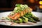 Close up of a salmon with avocado dish isolated. Healthy food lifestyle